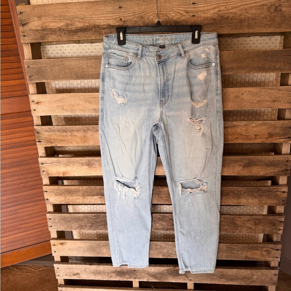 American Eagle Outfitters Distressed Highest Rise MOM Jeans - Light Blue